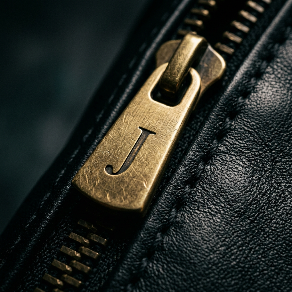 Engraved brass zipper pull on black lambskin