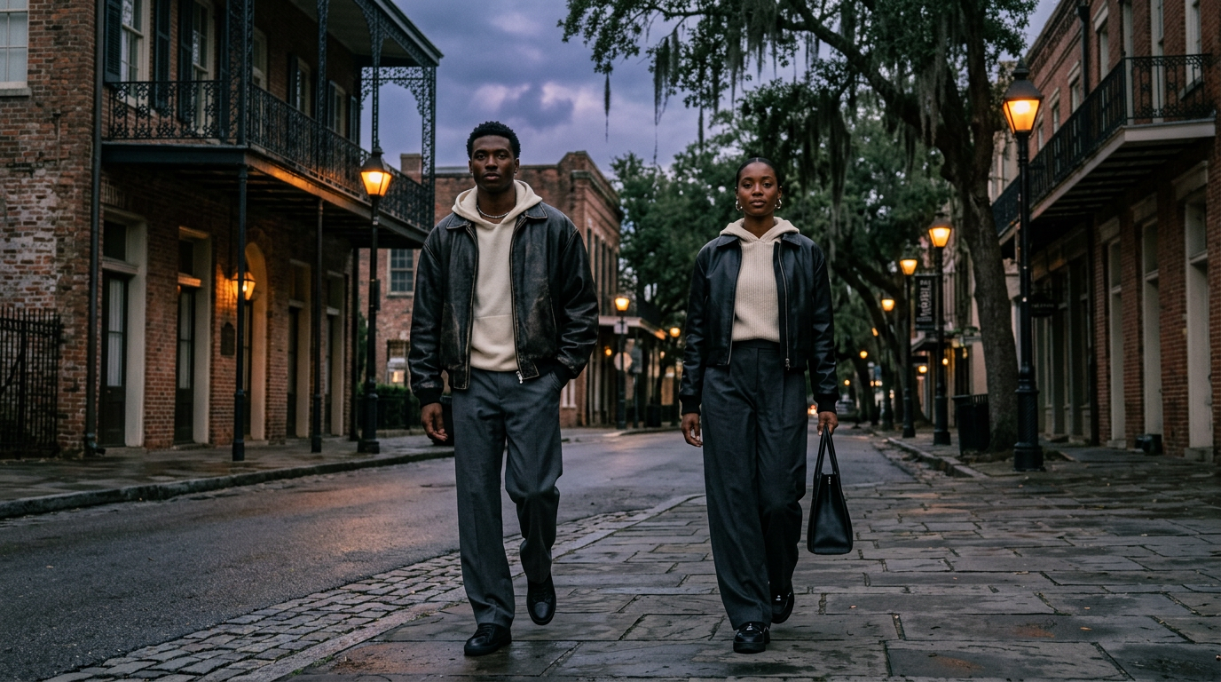 Models in JUZANG leather and cashmere walking down Dauphin Street in downtown Mobile, Alabama at dusk